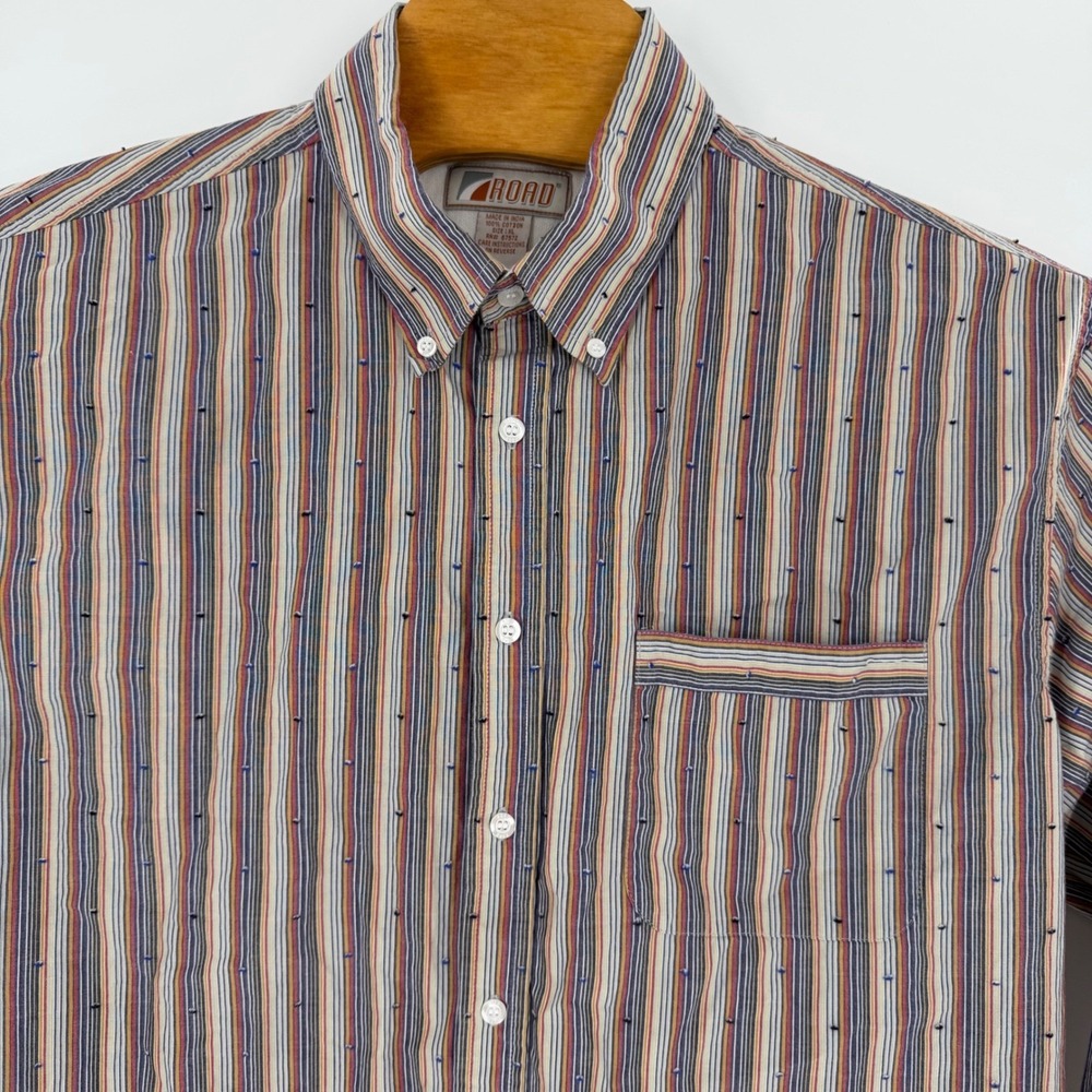 Road Mens XL‎ Button Down Shirt Multi Color Vertical Stripe Cotton Long SL - Picture 2 of 7
